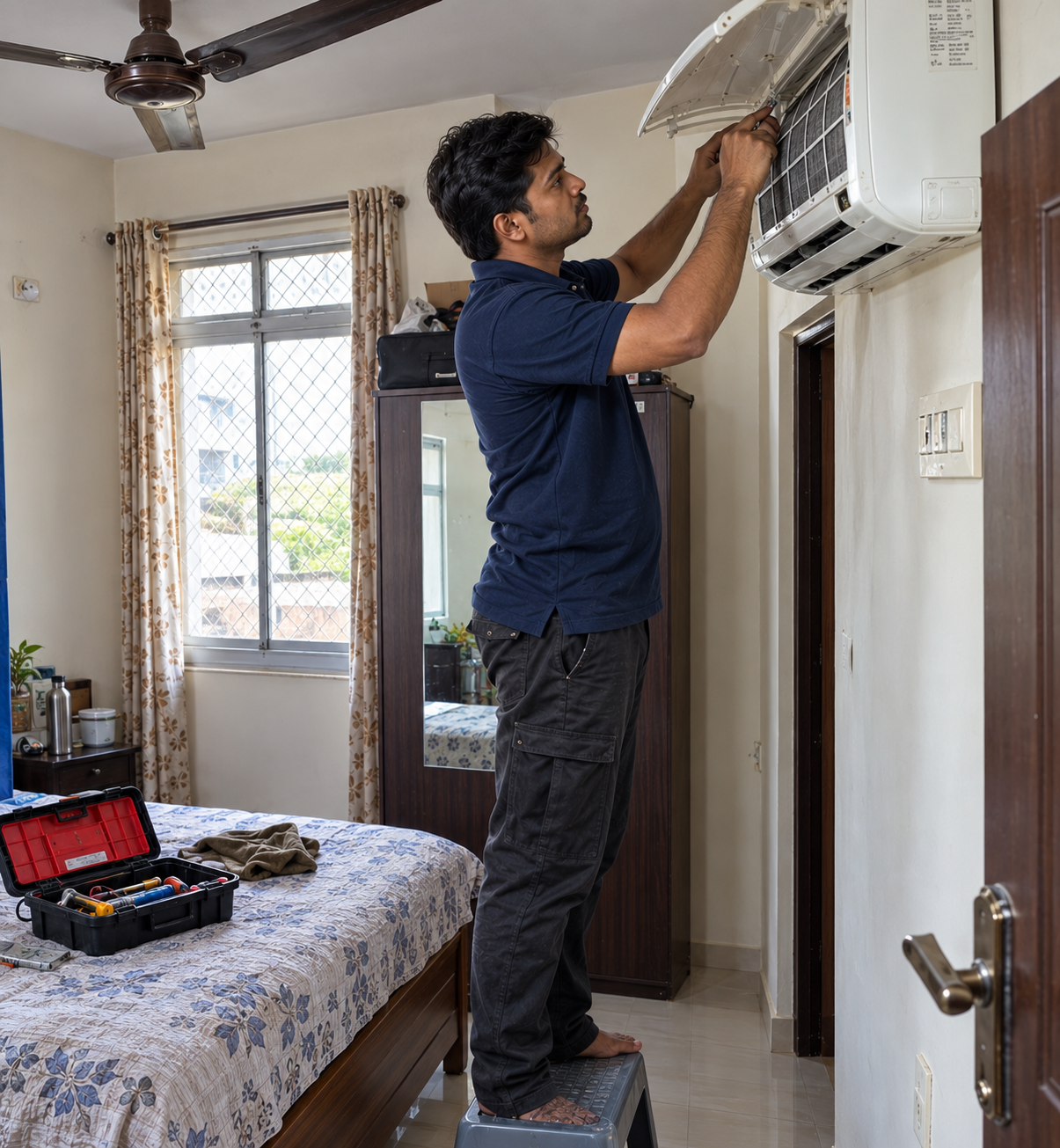 Appliance technician repairing AC at home in Nellore